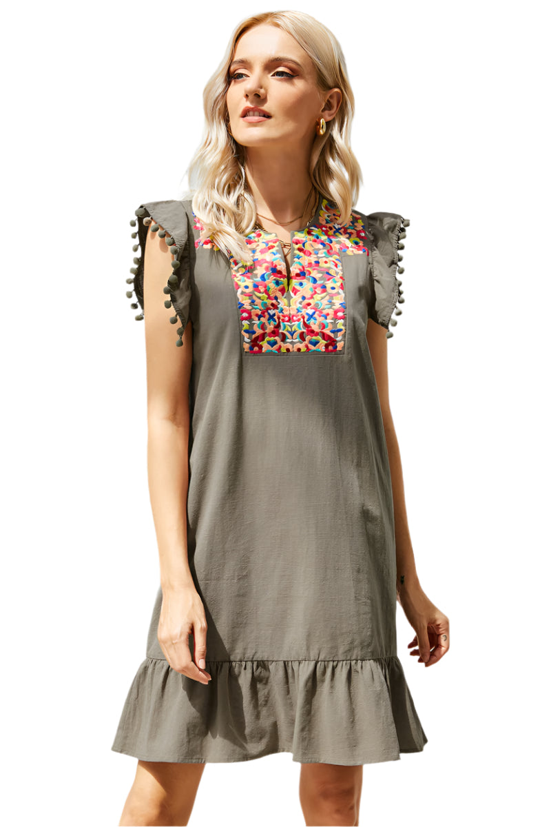 Graphic Embroidered Ruffle Hem Dress