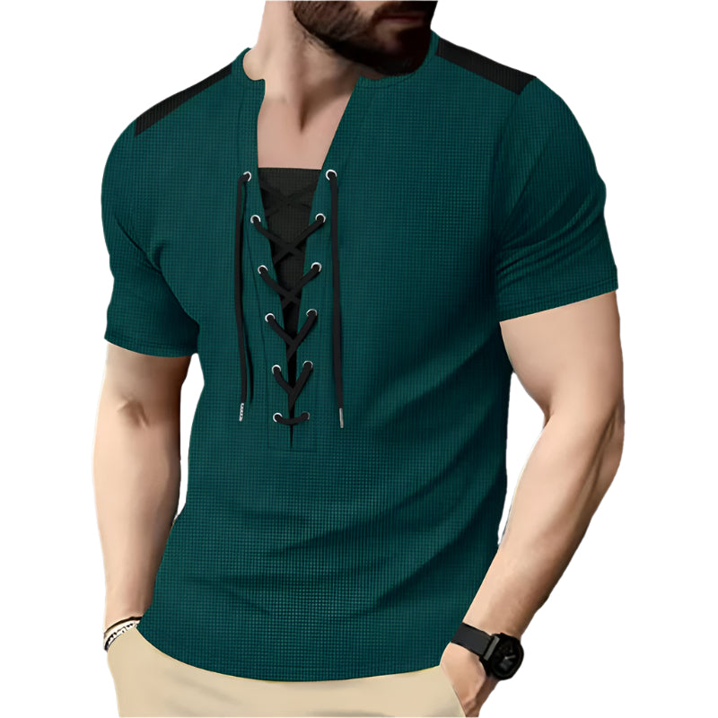 Men's Contrast Color Lace Up Shirt