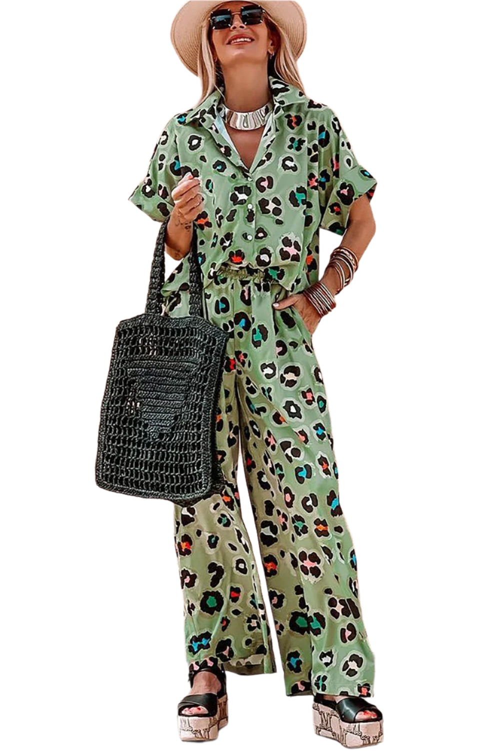 Leopard Collared Neck Top and Pants Set