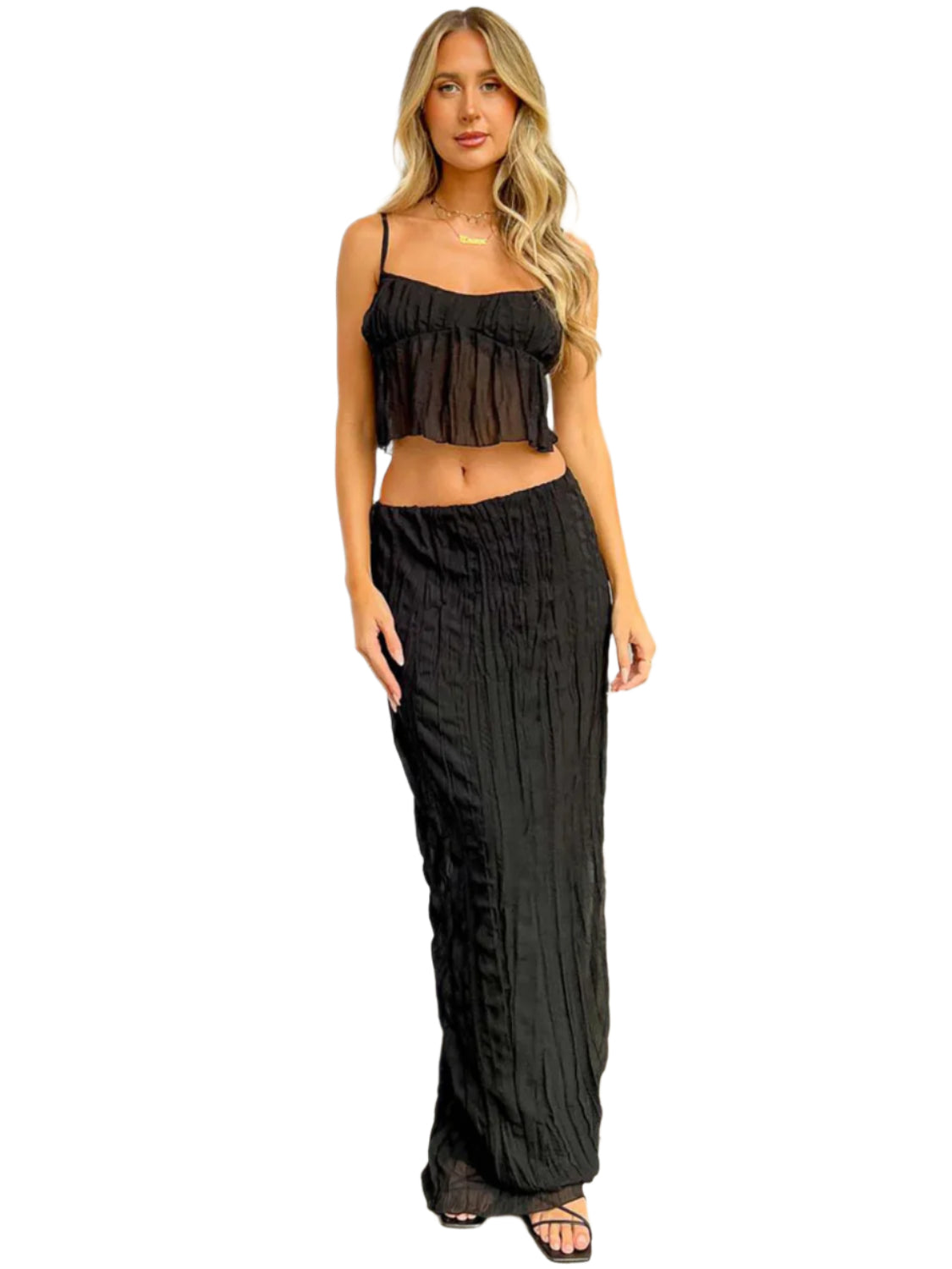 Square Neck Sleeveless Top and Ruched Skirt Set
