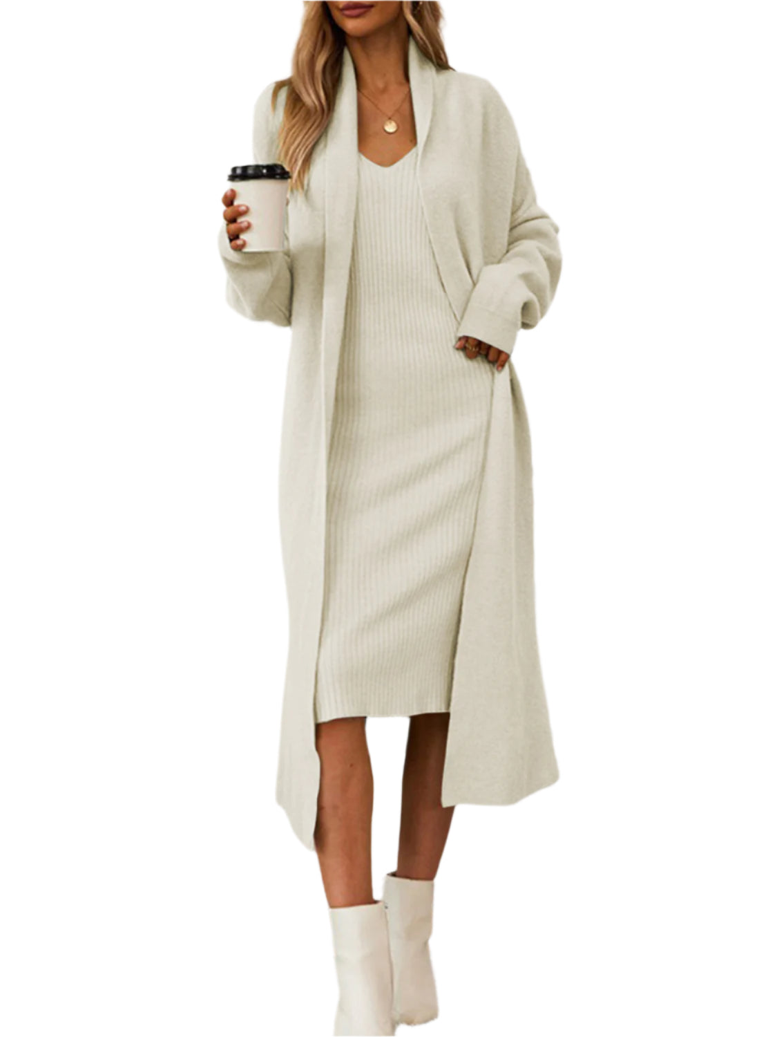 V-Neck Cami Dress and Open Front Cardigan Sweater Set