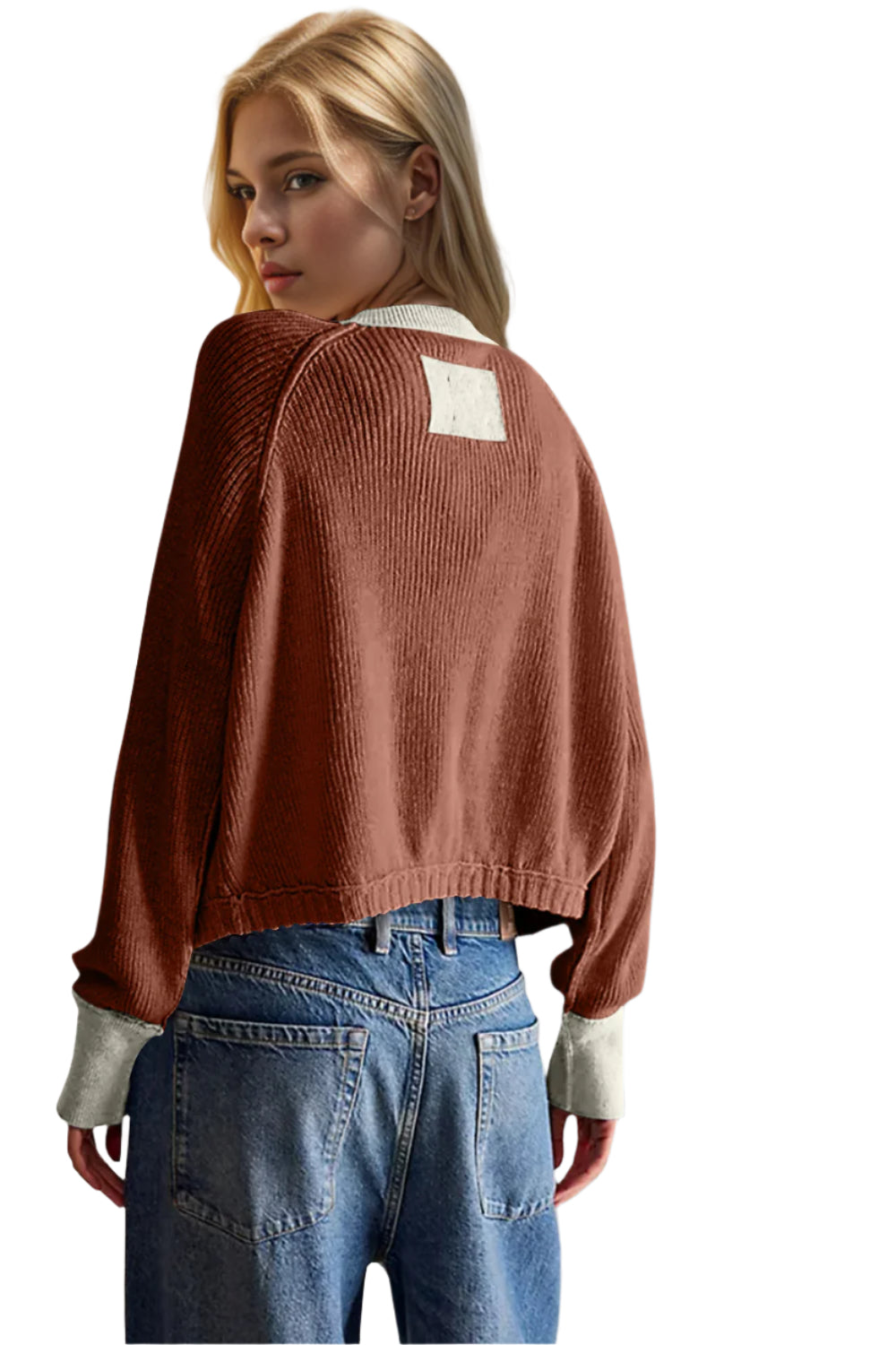 Double Take Contrast Button Up Long Sleeve Cardigan