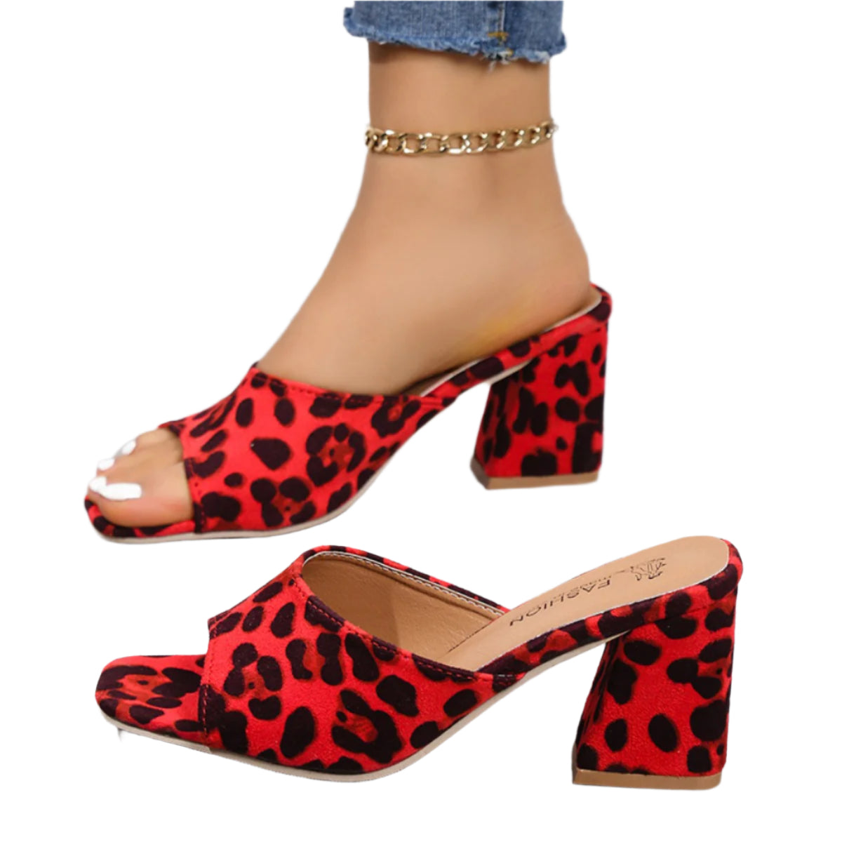 Leopard Block Heel Suede Sandals