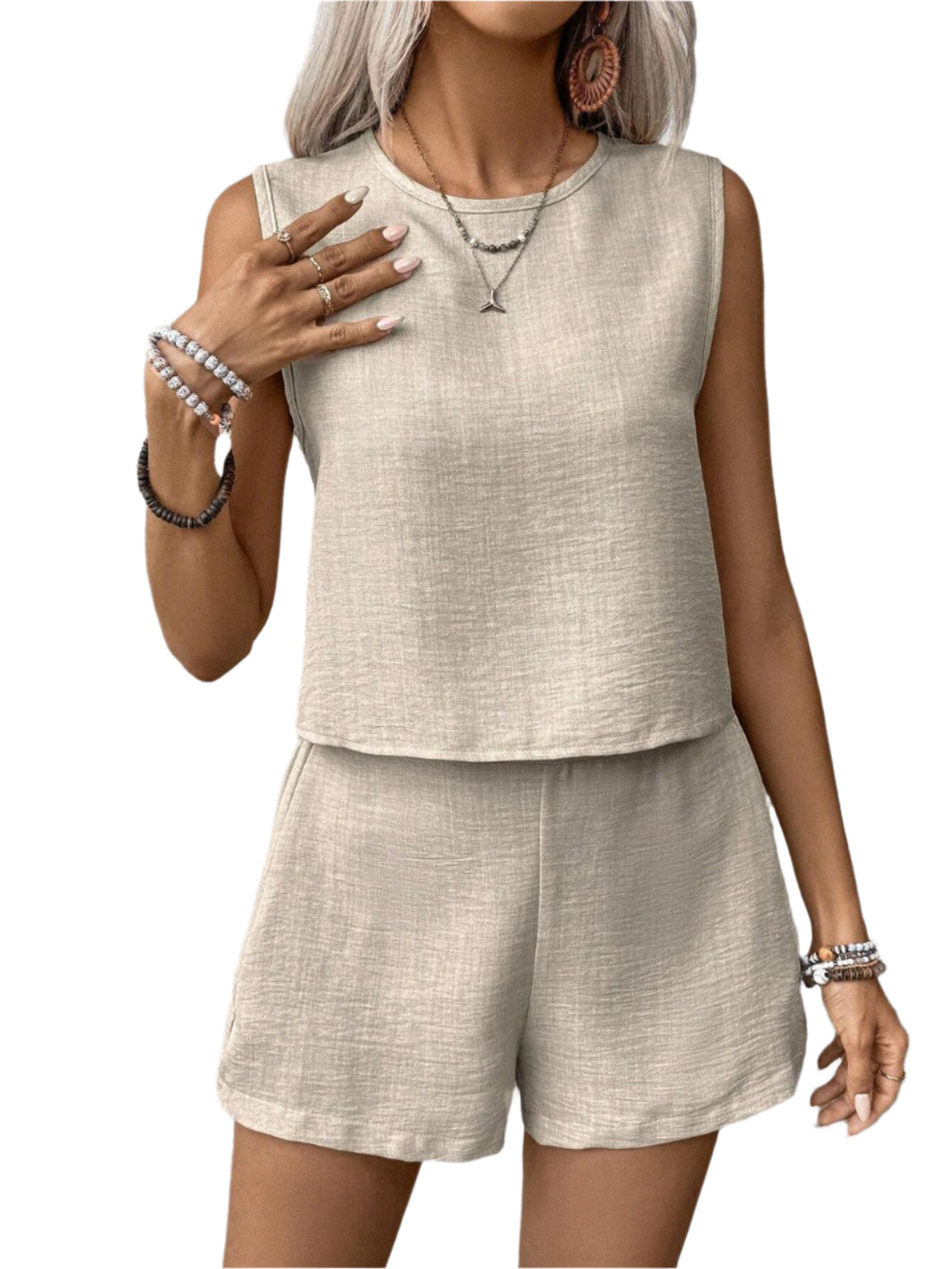 Round Neck Sleeveless Top and Shorts Set