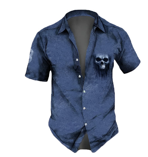 Men's Short Sleeve Skull Motif Collared Button Down Shirt