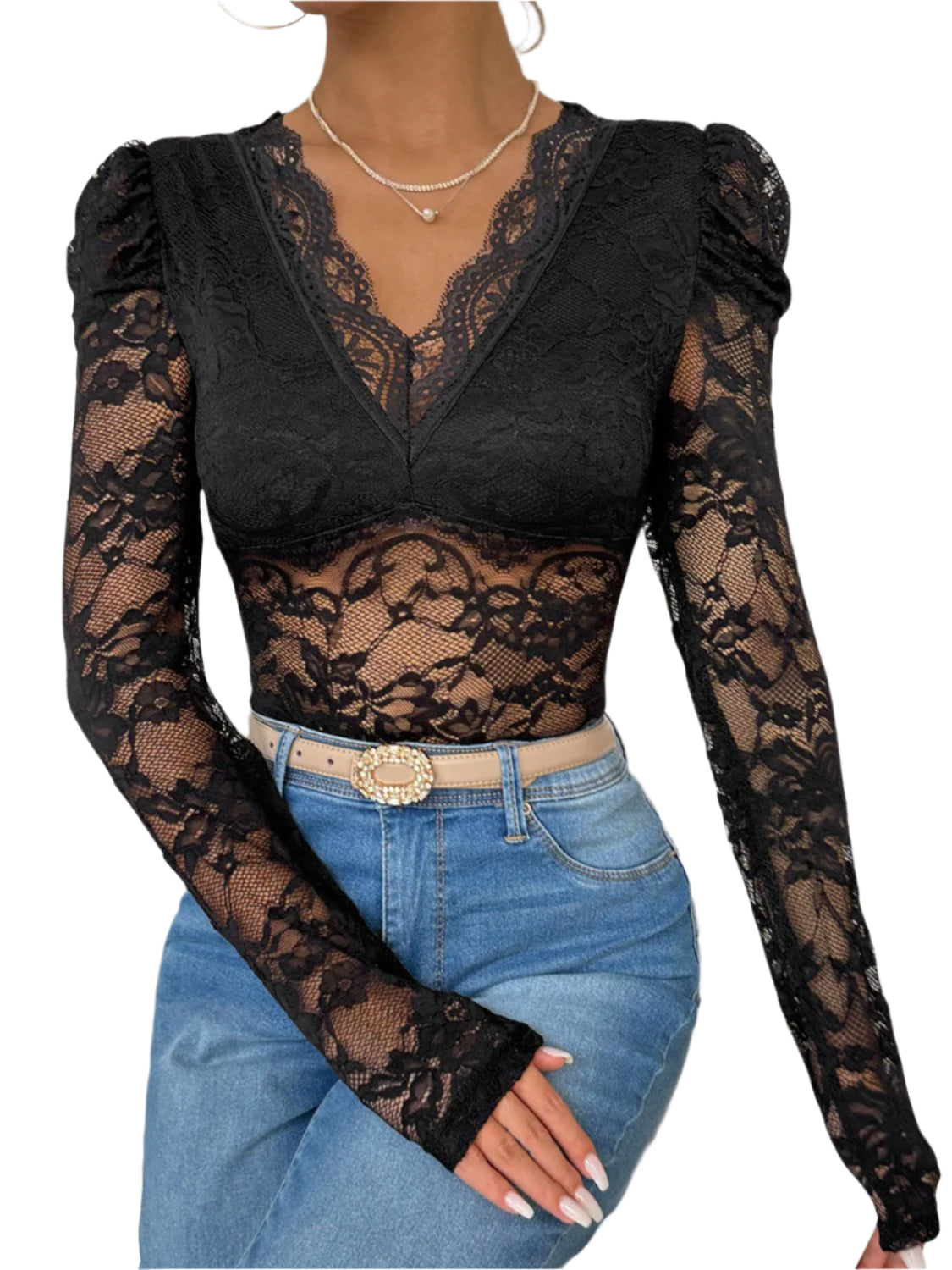 Perfee Lace V-Neck Long Sleeve Bodysuit