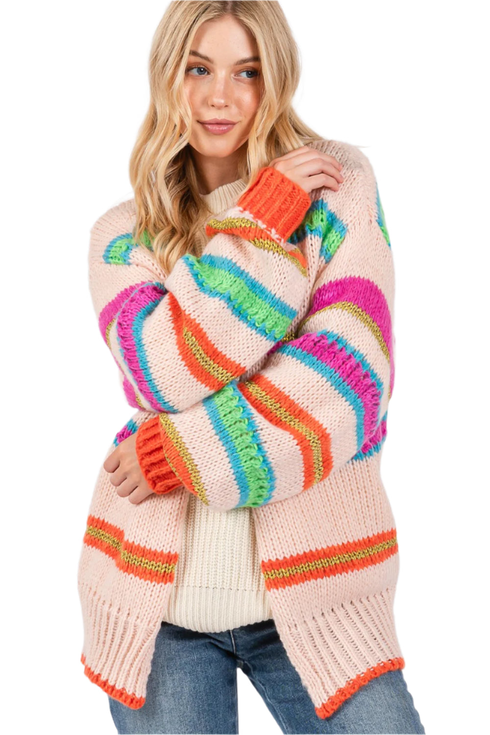 SAGE + FIG Rainbow Striped Open Front Knit Cardigan