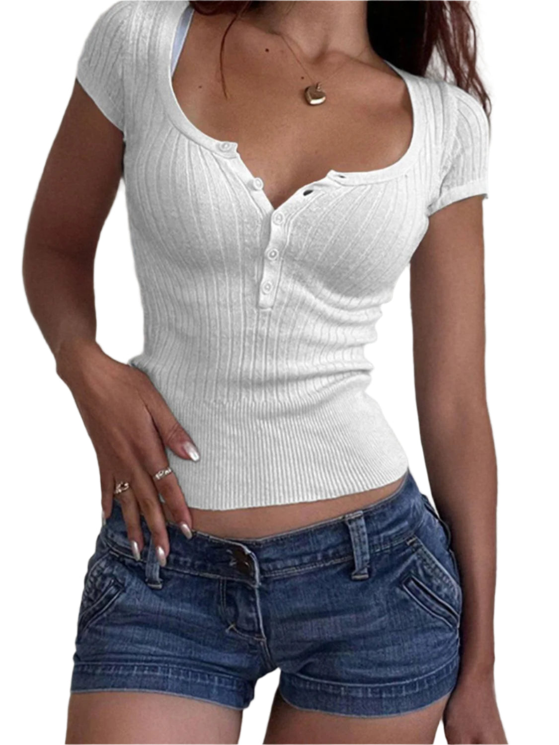Half Button Scoop Neck Short Sleeve Knit Top
