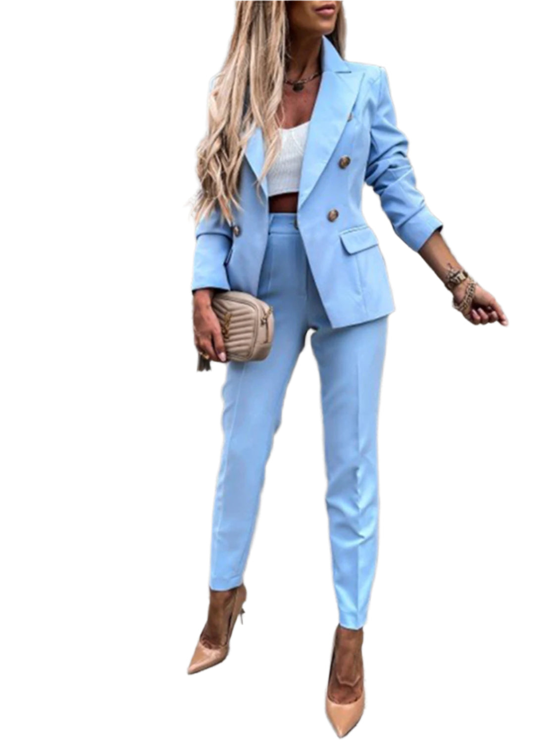 Lapel Collar Long Sleeve Blazer and Pants Set
