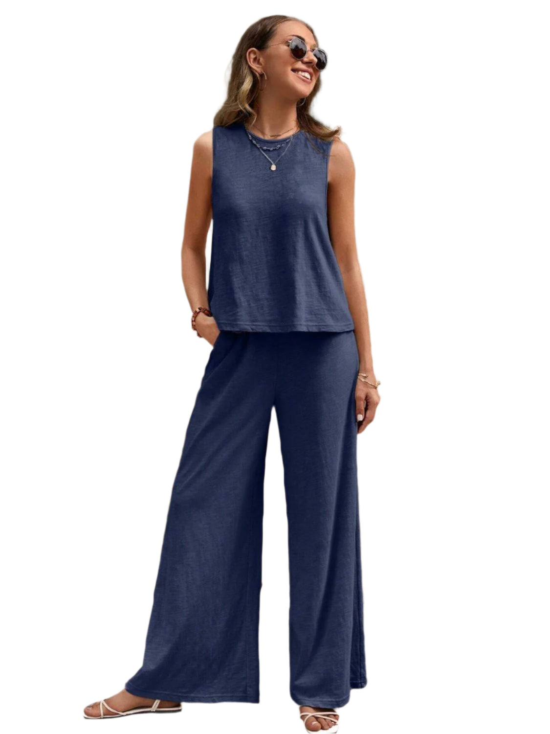 Round Neck Sleeveless Top and Wide Leg Pants Set