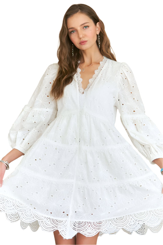 ADORA Lace Detail Tiered Eyelet V-Neck Babydoll Dress
