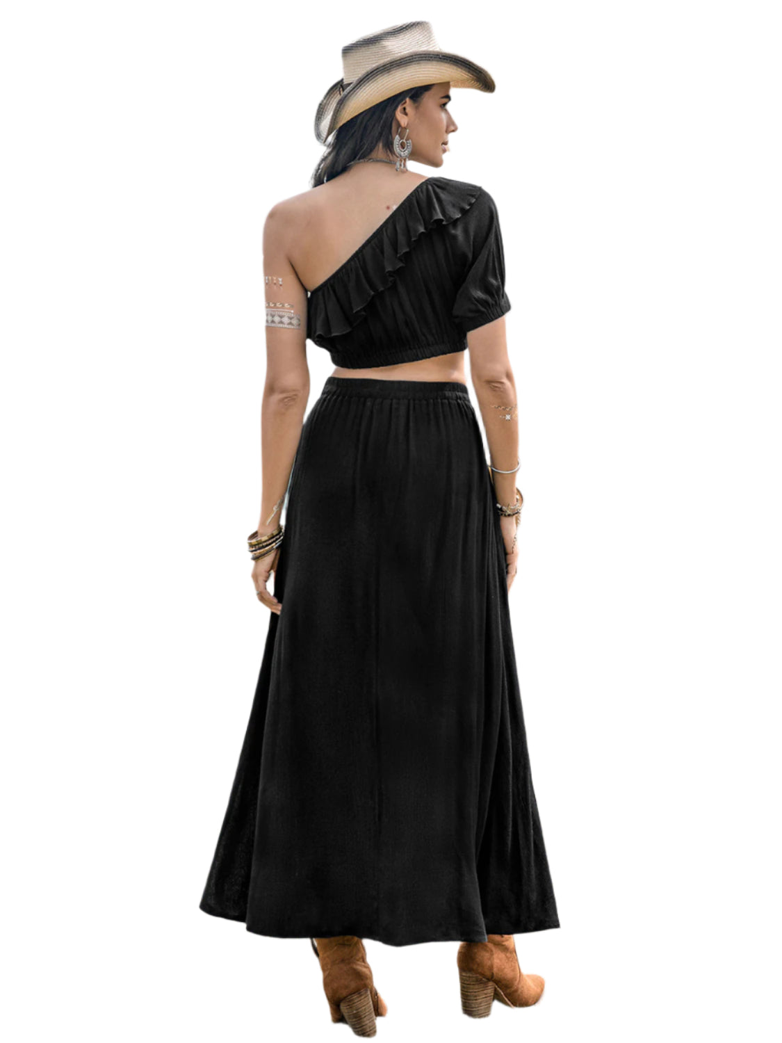 Ruffled Single Shoulder Top and Slit Skirt Set