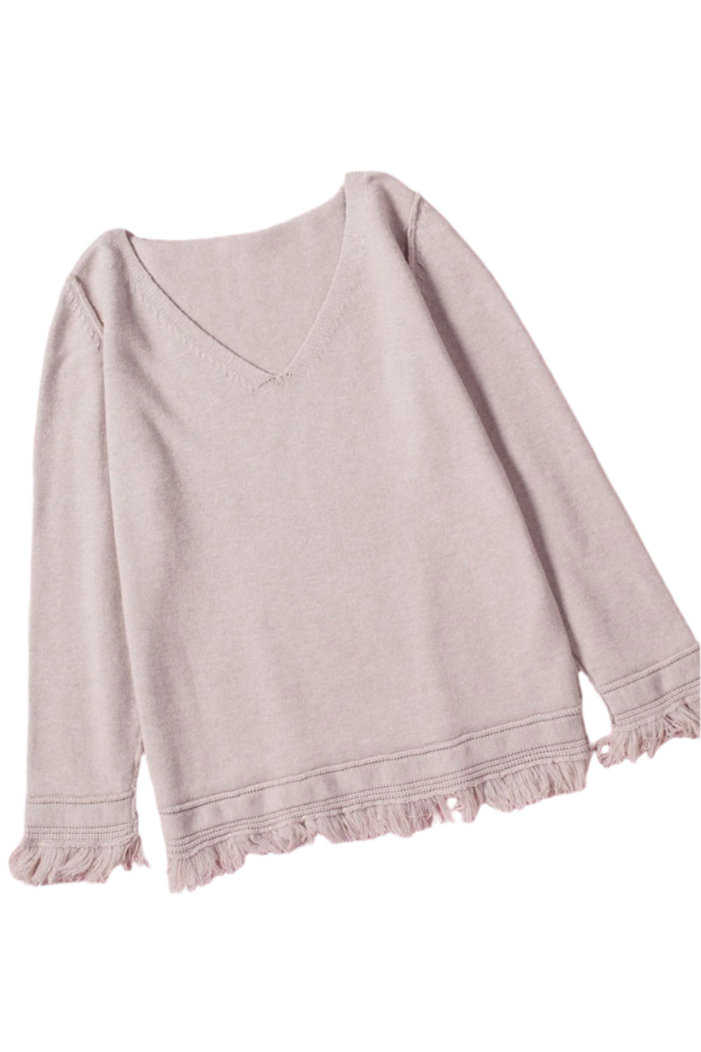 Exposed Seam Fringe Hem V-Neck Long Sleeve Sweater