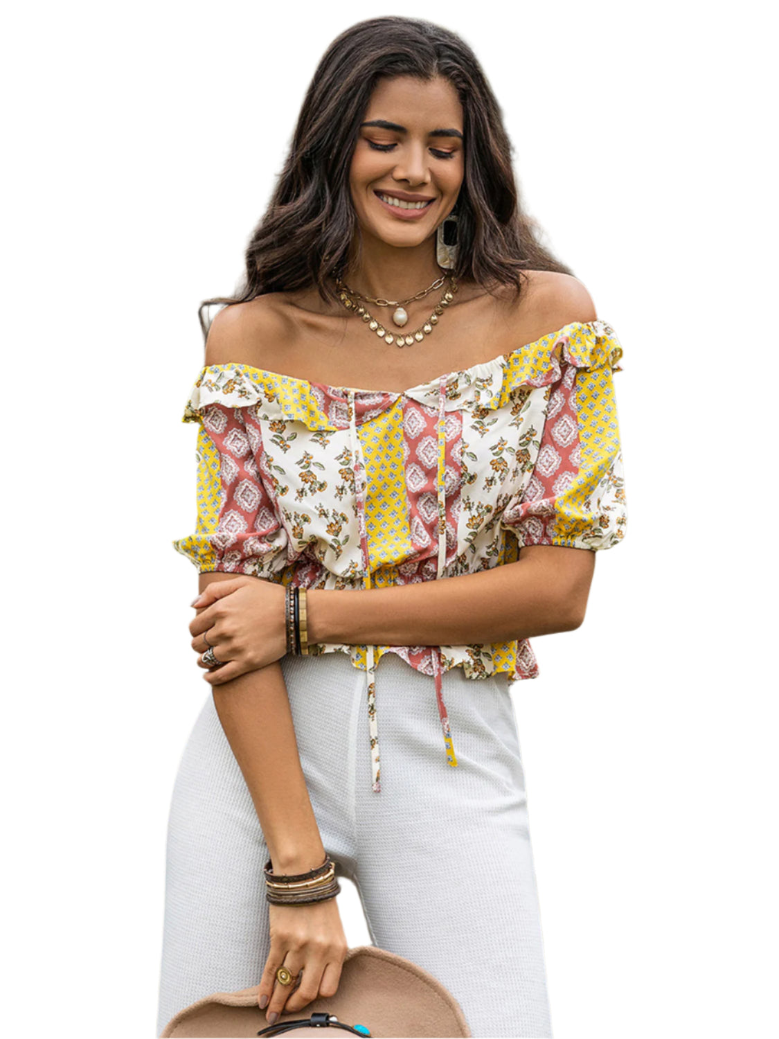 Ruffled Printed Off-Shoulder Short Sleeve Blouse