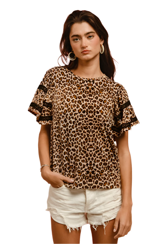 BiBi Leopard Crochet Trim Round Neck Short Sleeve Top