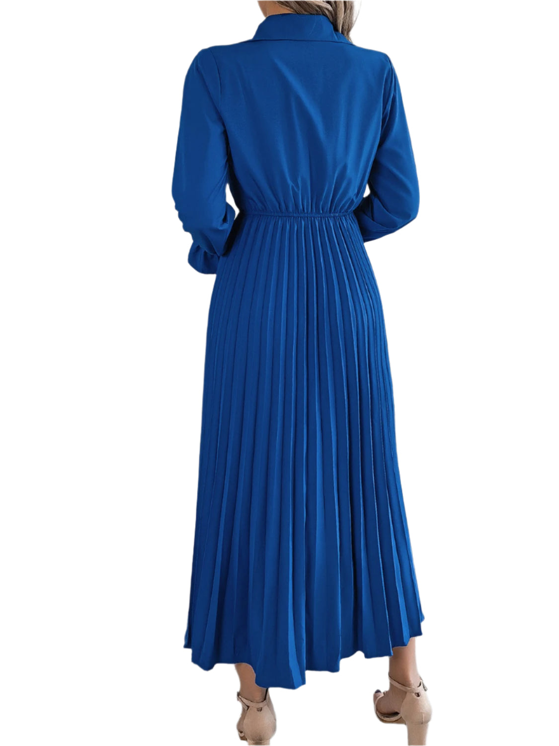 Pleated Half Button Long Sleeve Midi Dress