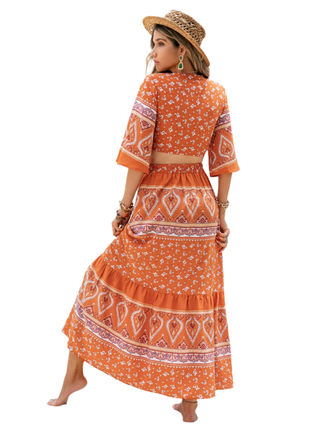 Printed Plunge Half Sleeve Top and Skirt Set