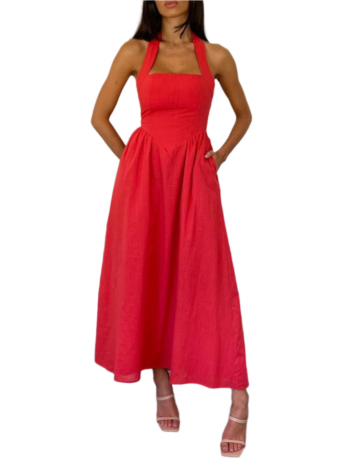 Devine Ruched Halter Neck Midi Dress