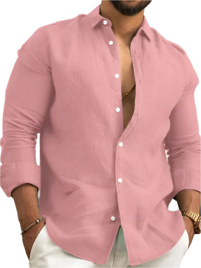 Solid Color Linen Men's Button Down Collard Shirt