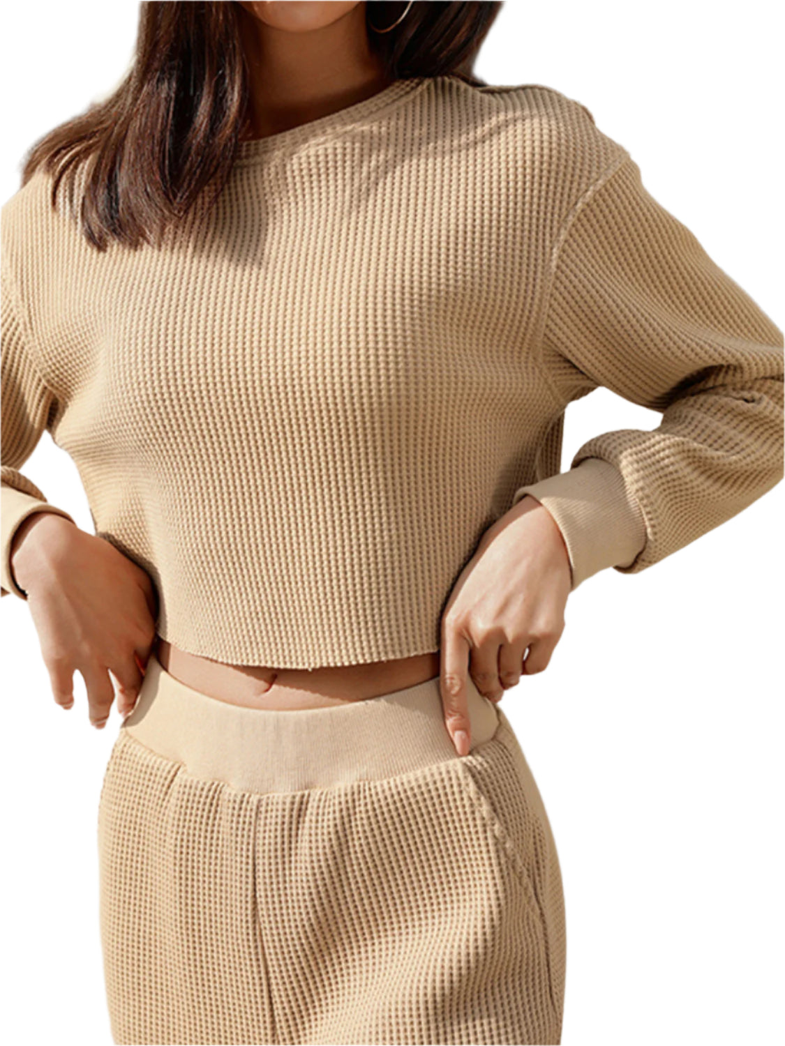 Waffle-Knit Round Neck Top and Pants Set