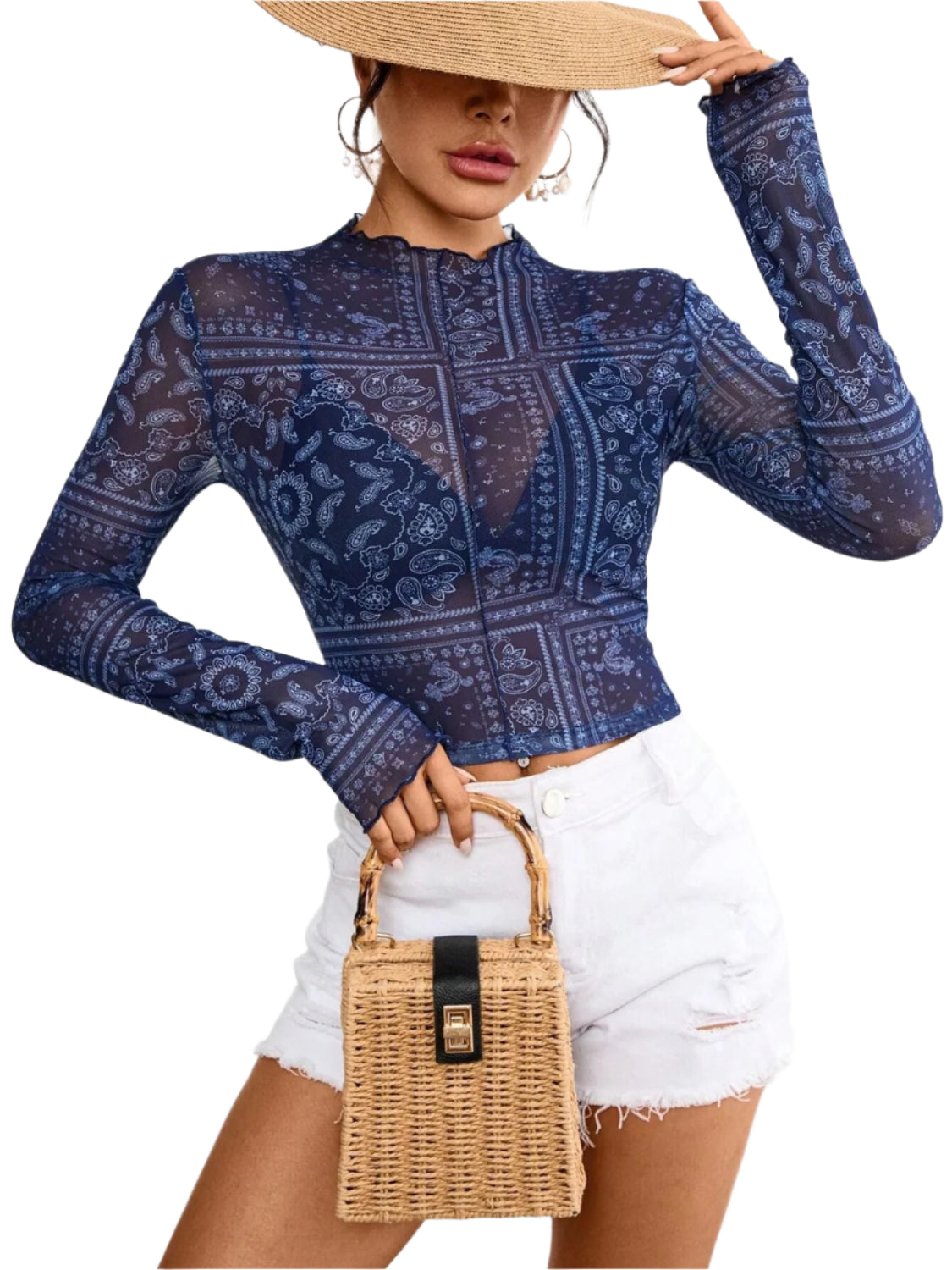 Paisley Mock Neck Long Sleeve Sheer Top