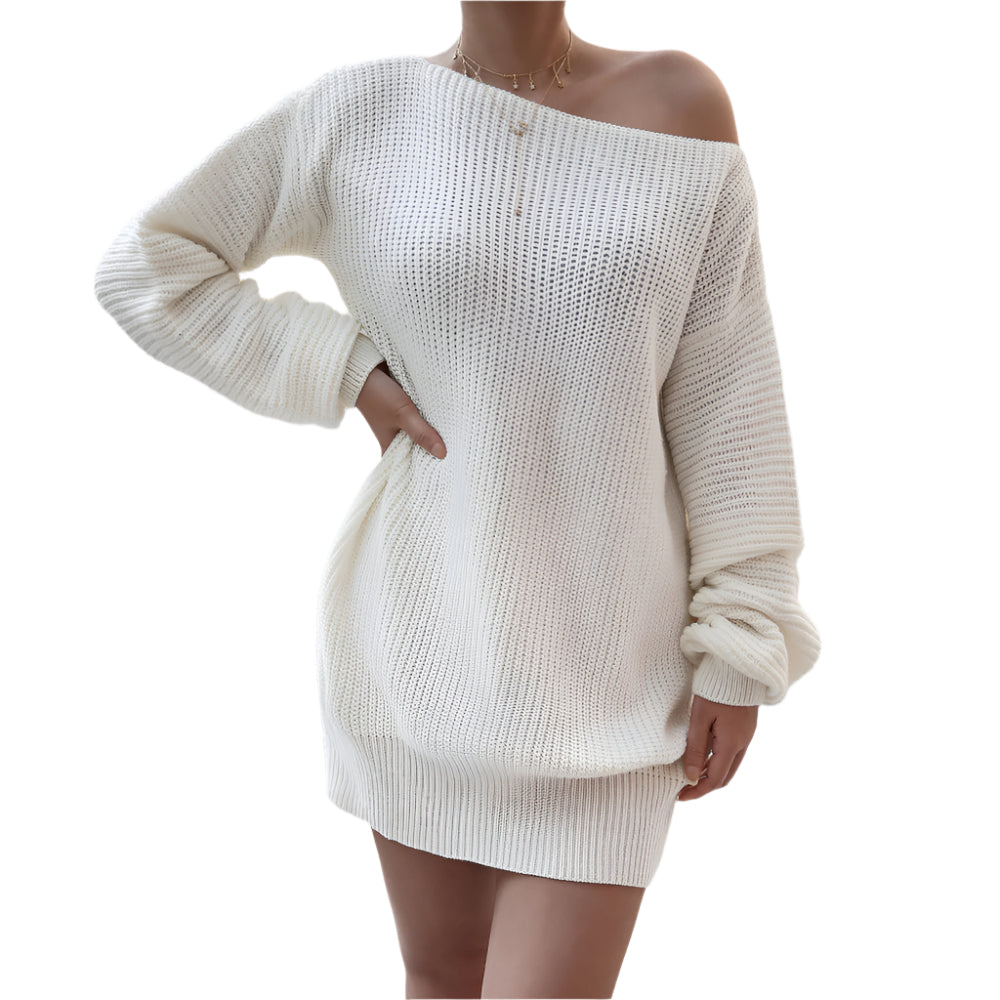 Boat Neck Long Sleeve Mini Sweater Dress
