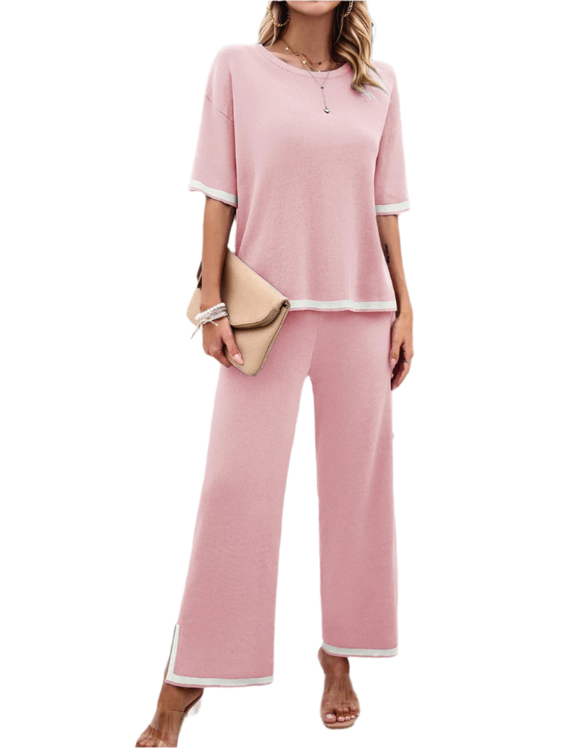 Devine Contrast Trim Round Neck Top and Pants Set