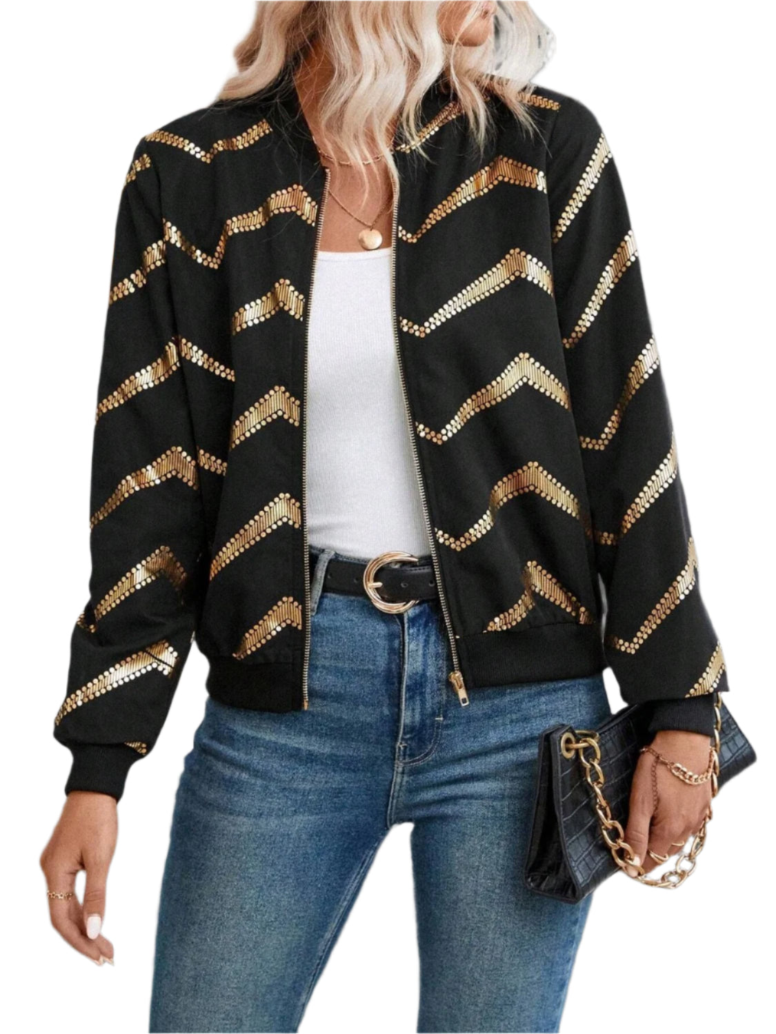 Printed Baseball Collar Zip Up Jacket