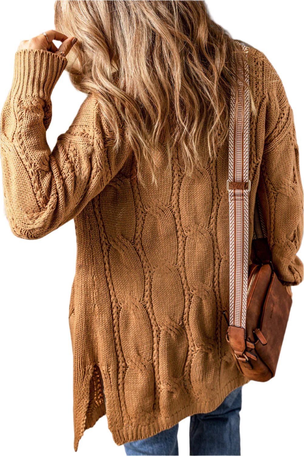 Cable-Knit Dropped Shoulder Slit Cardigan
