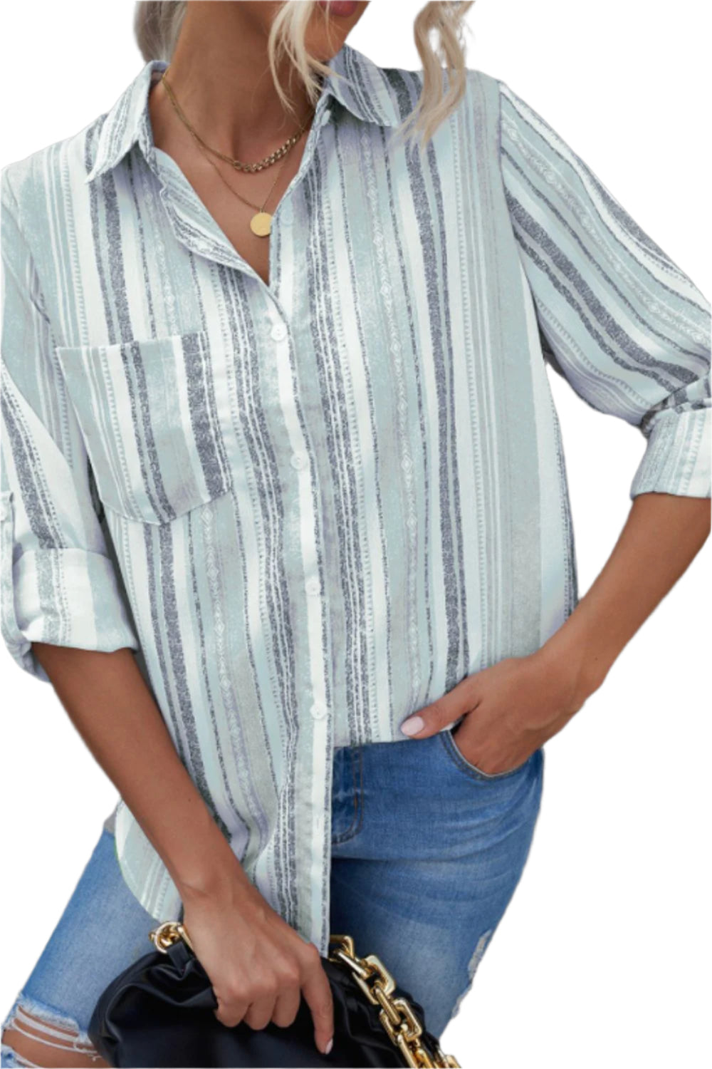 Striped Collared Neck Long Sleeve Shirt