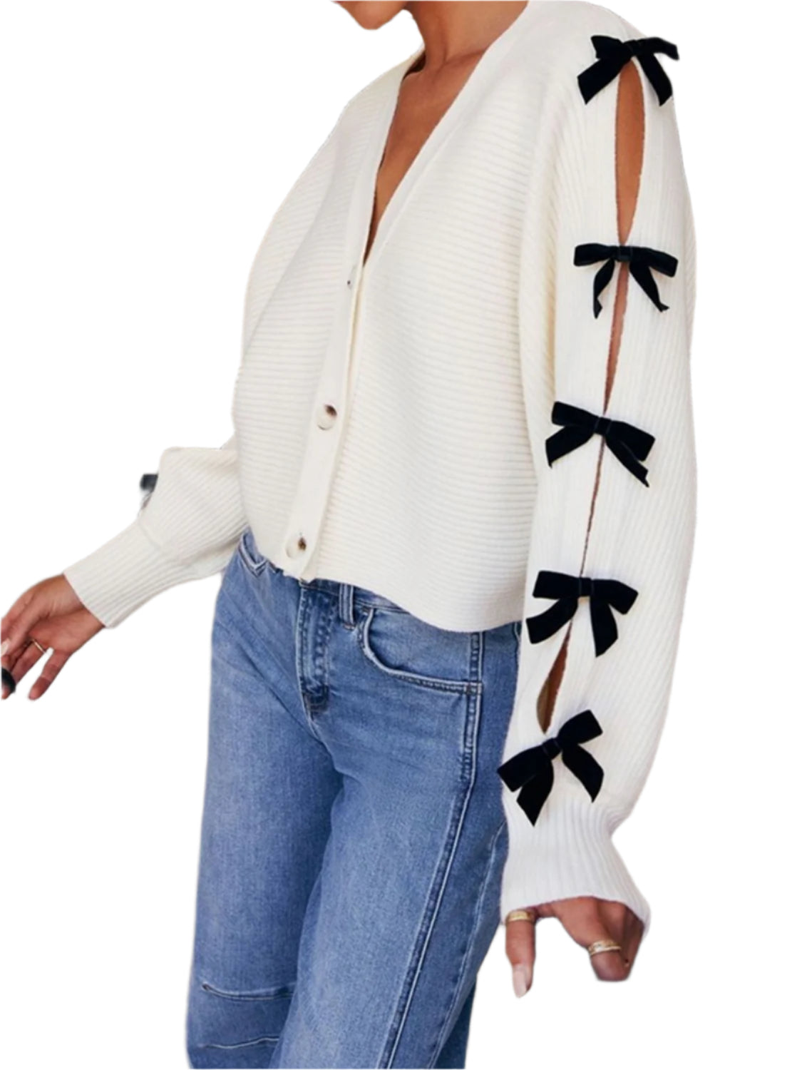Bow V-Neck Cutout Sleeve Cardigan