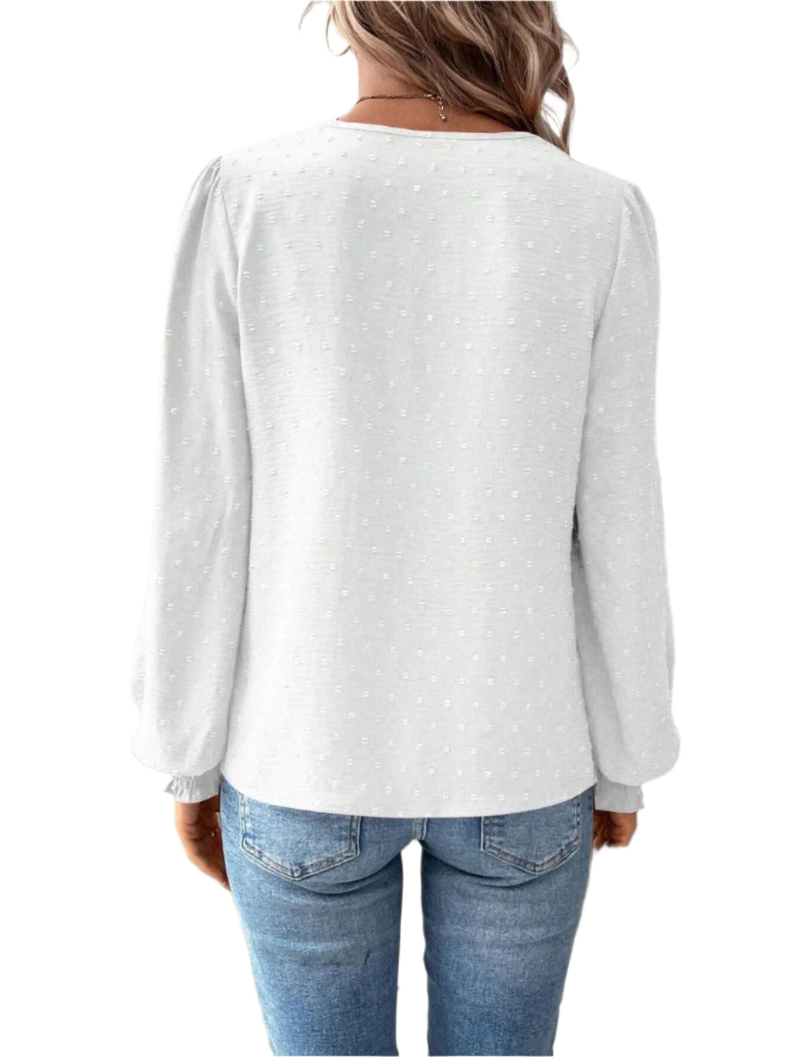 Swiss Dot Lace Detail Notched Long Sleeve Blouse