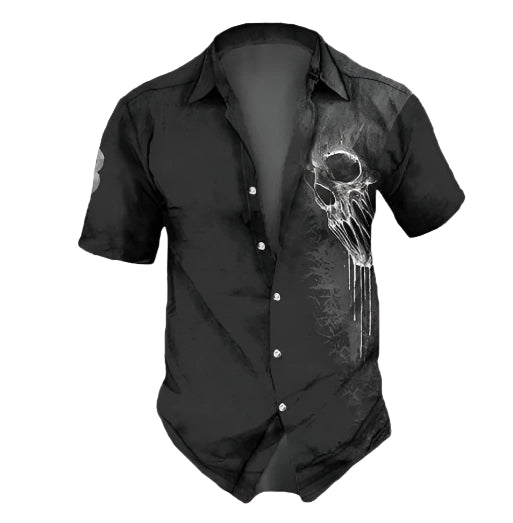 Men's Short Sleeve Skull Motif Collared Button Down Shirt