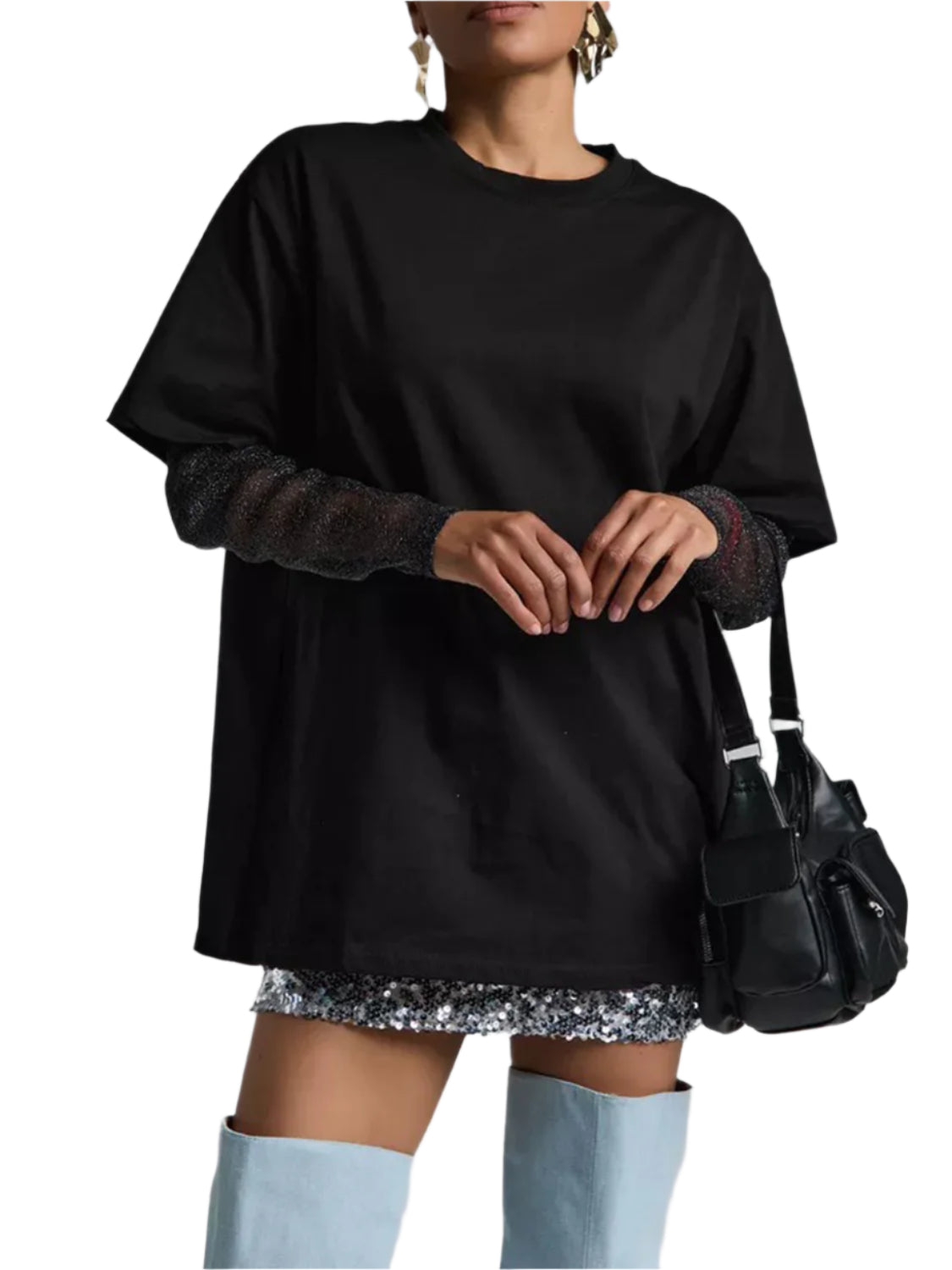 Faux Layered Round Neck Mesh Sleeve Top