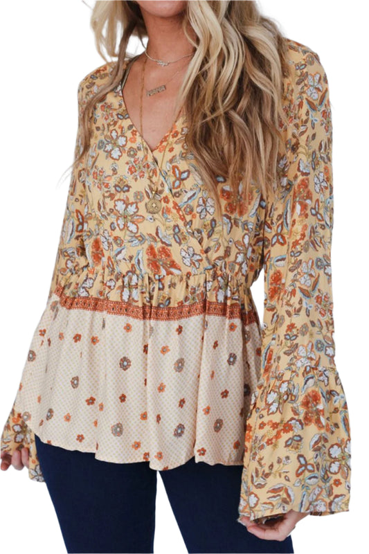 Peplum Printed Surplice Flare Sleeve Blouse