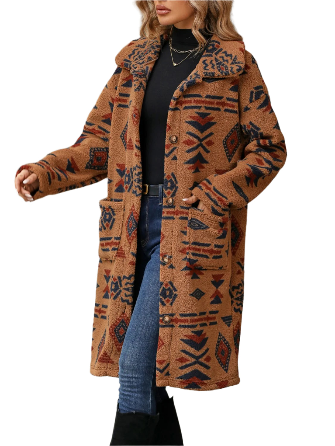 Geometric Pocketed Dropped Shoulder Coat