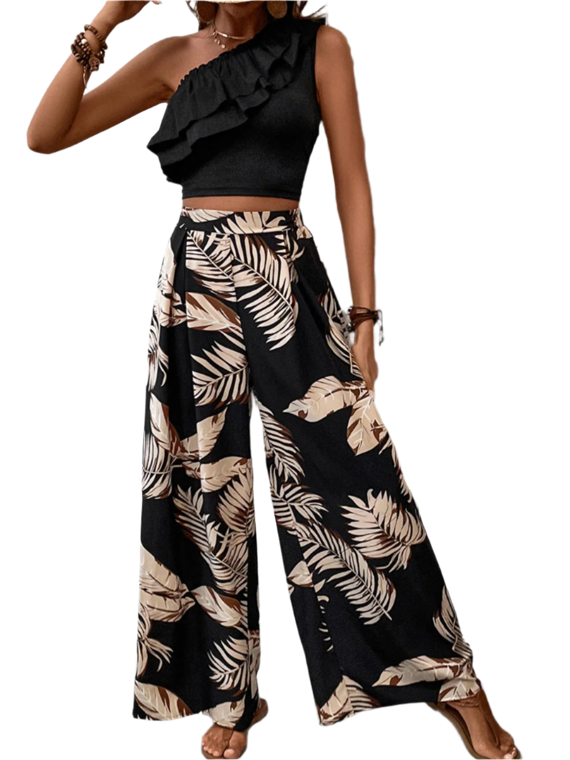 Honey Ruffled Sleeveless Top and Printed Pants Set