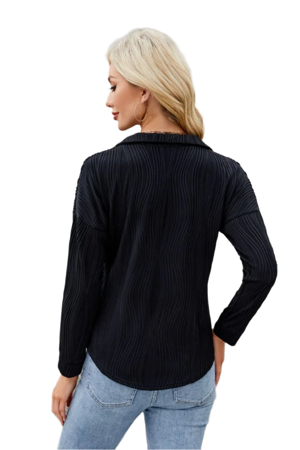 Texture Collared Neck Long Sleeve Blouse