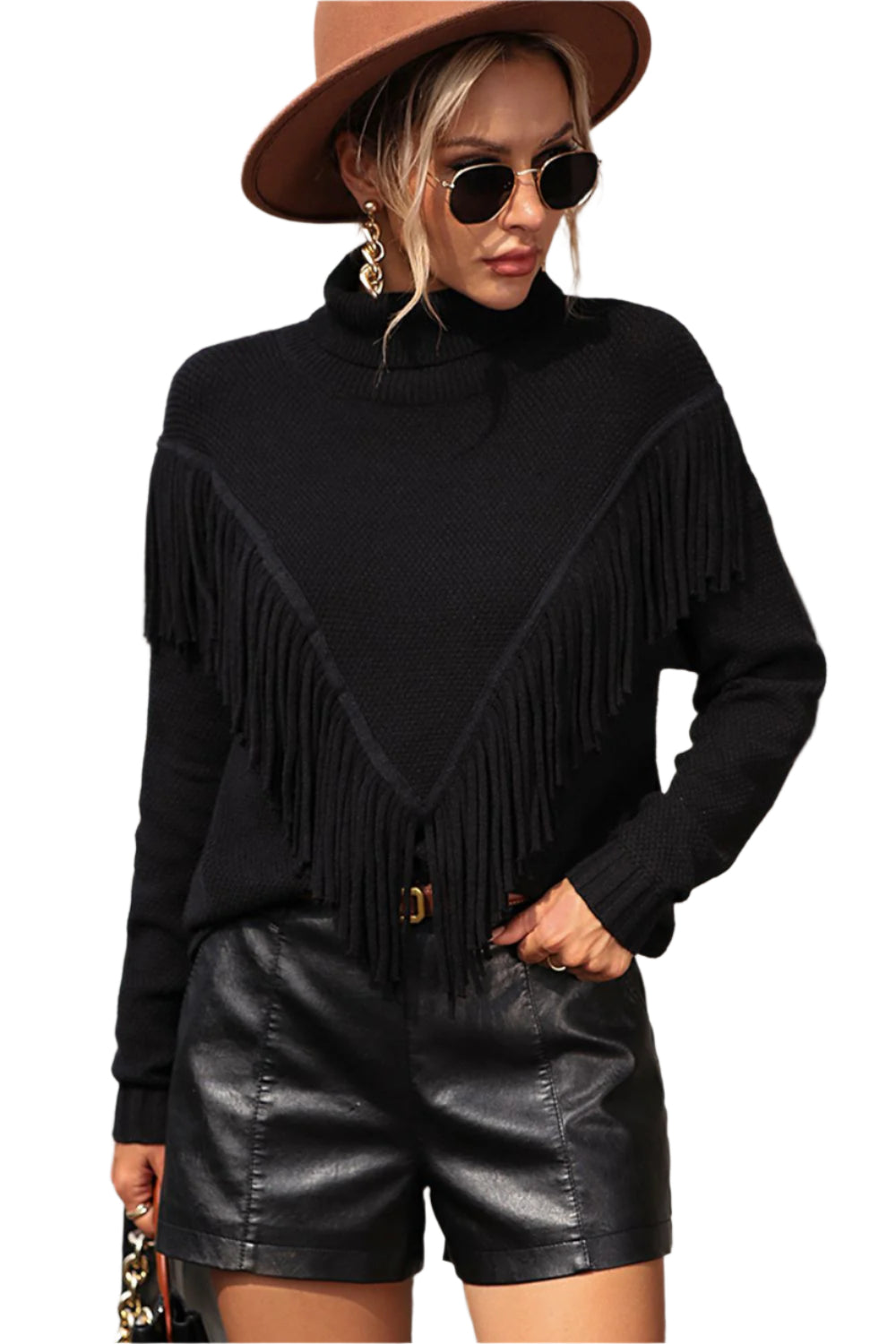 Turtle Neck Tassel Front Long Sleeve Pullover Sweater