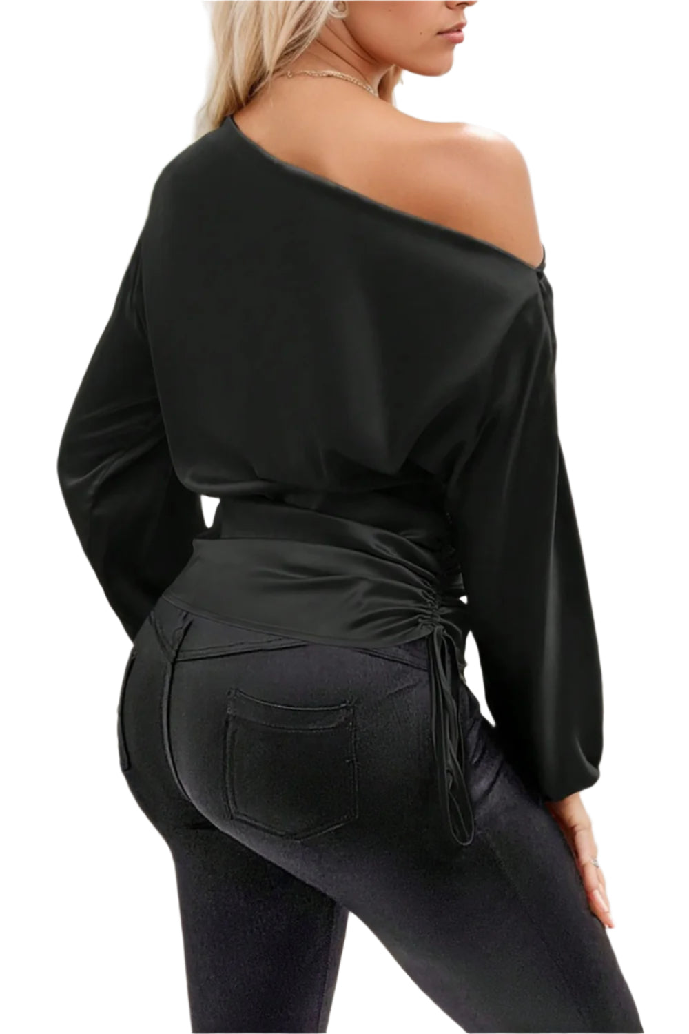 Drawstring One Shoulder Long Sleeve Blouse
