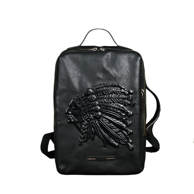 Men's Native American Embossed Cowhide Leather Backpack