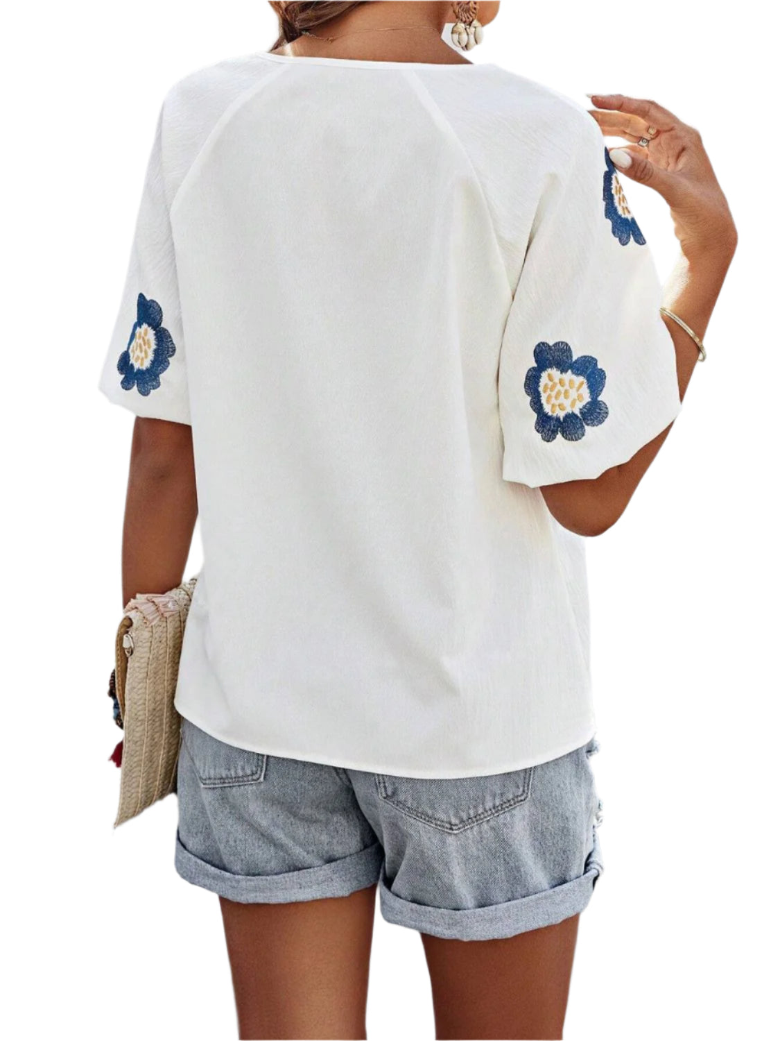 Embroidered Tie Neck Puff Sleeve Blouse