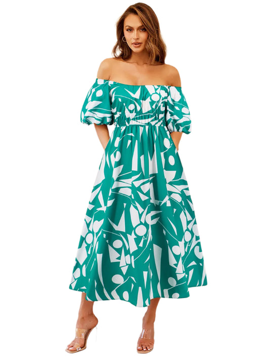 Printed Off-Shoulder Balloon Sleeve Dress