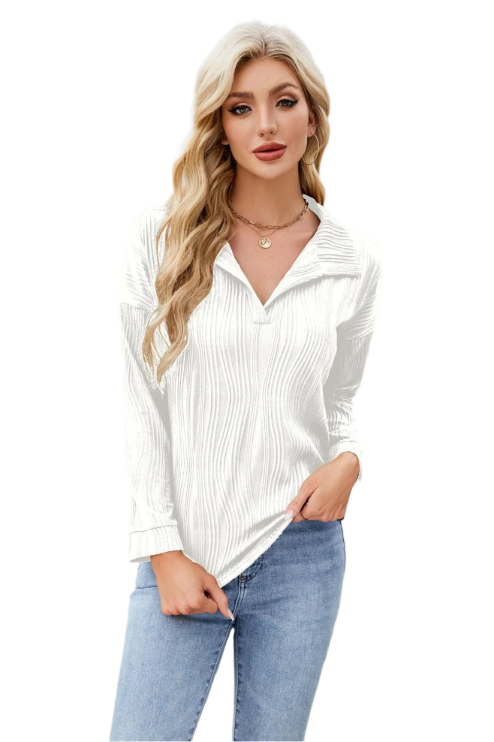 Texture Collared Neck Long Sleeve Blouse