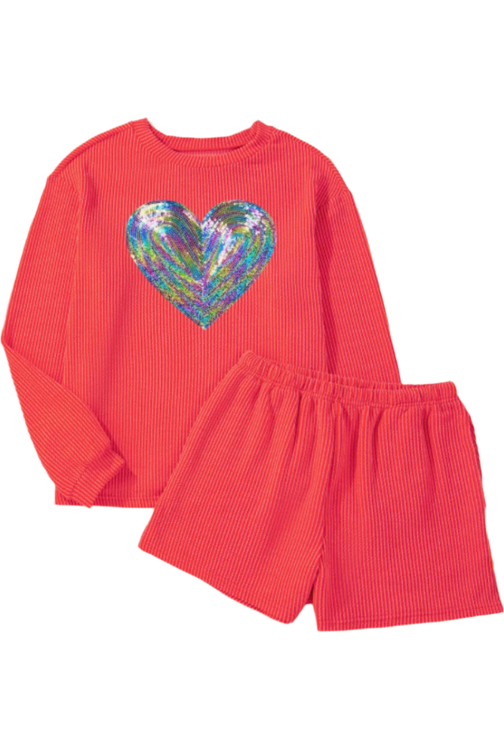 Sequin Heart Round Neck Long Sleeve Top and Shorts  Set
