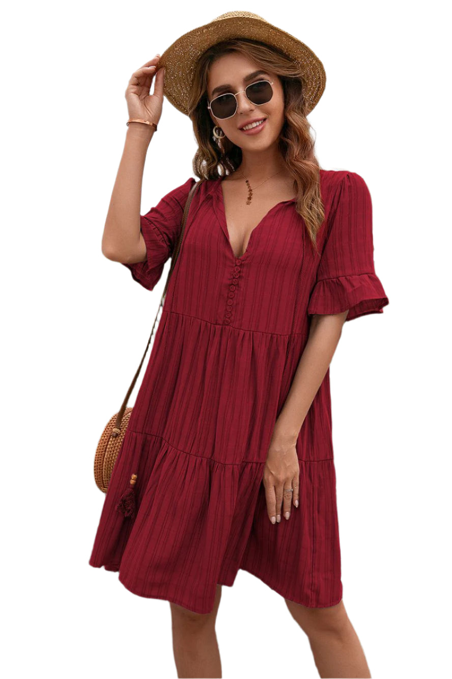 Ivy Lane Tassel Tie-Neck Ruffle Hem Dress