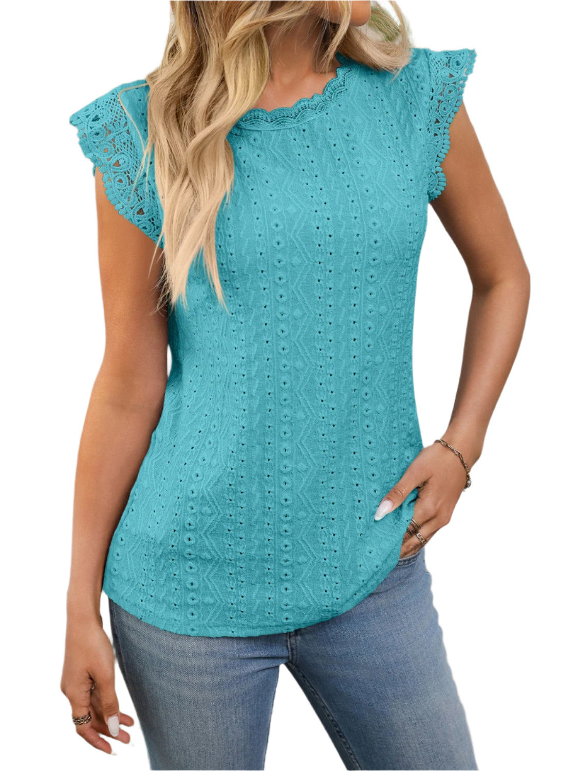 Lace Detail Round Neck Cap Sleeve Top
