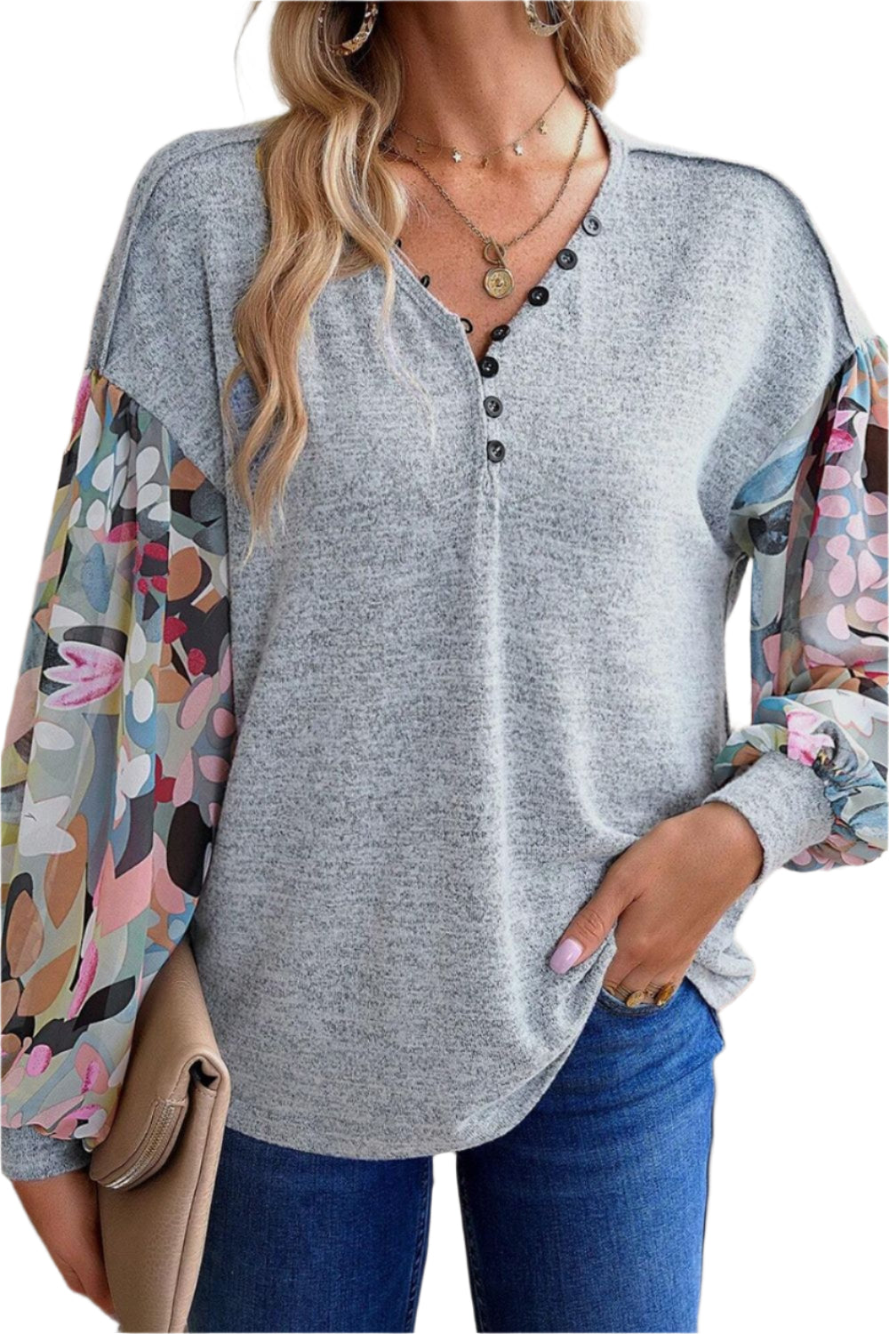 Printed Lantern Sleeve Buttoned V Neck Top