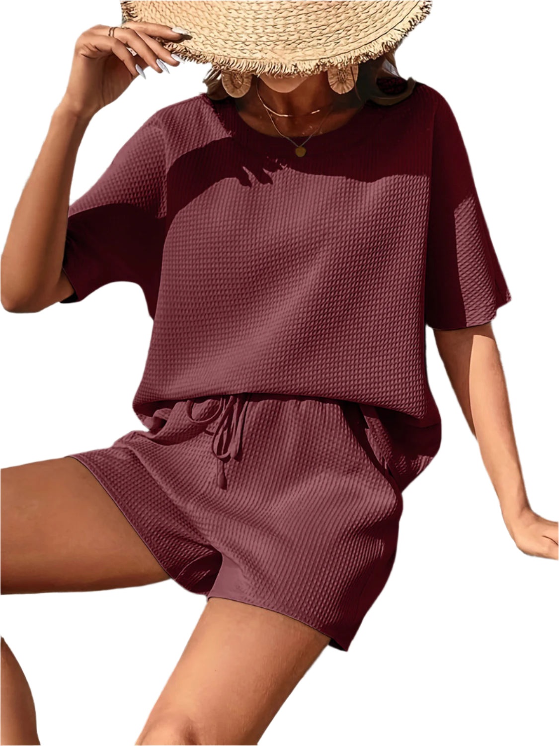 Waffle-Knit Half Sleeve Top and Shorts Set