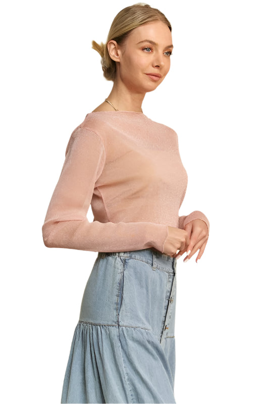 Davi & Dani Glitter Mesh Lettuce Hem Long Sleeve Top